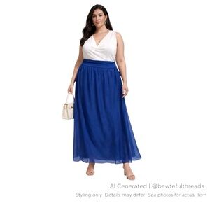 Cobalt Blue Silk Overlay Maxi Skirt XXL Pull On Flowy Elegant